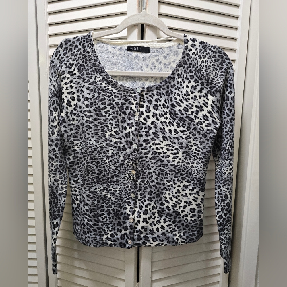 Cortelle women's grey leopard print button-up cardigan. 